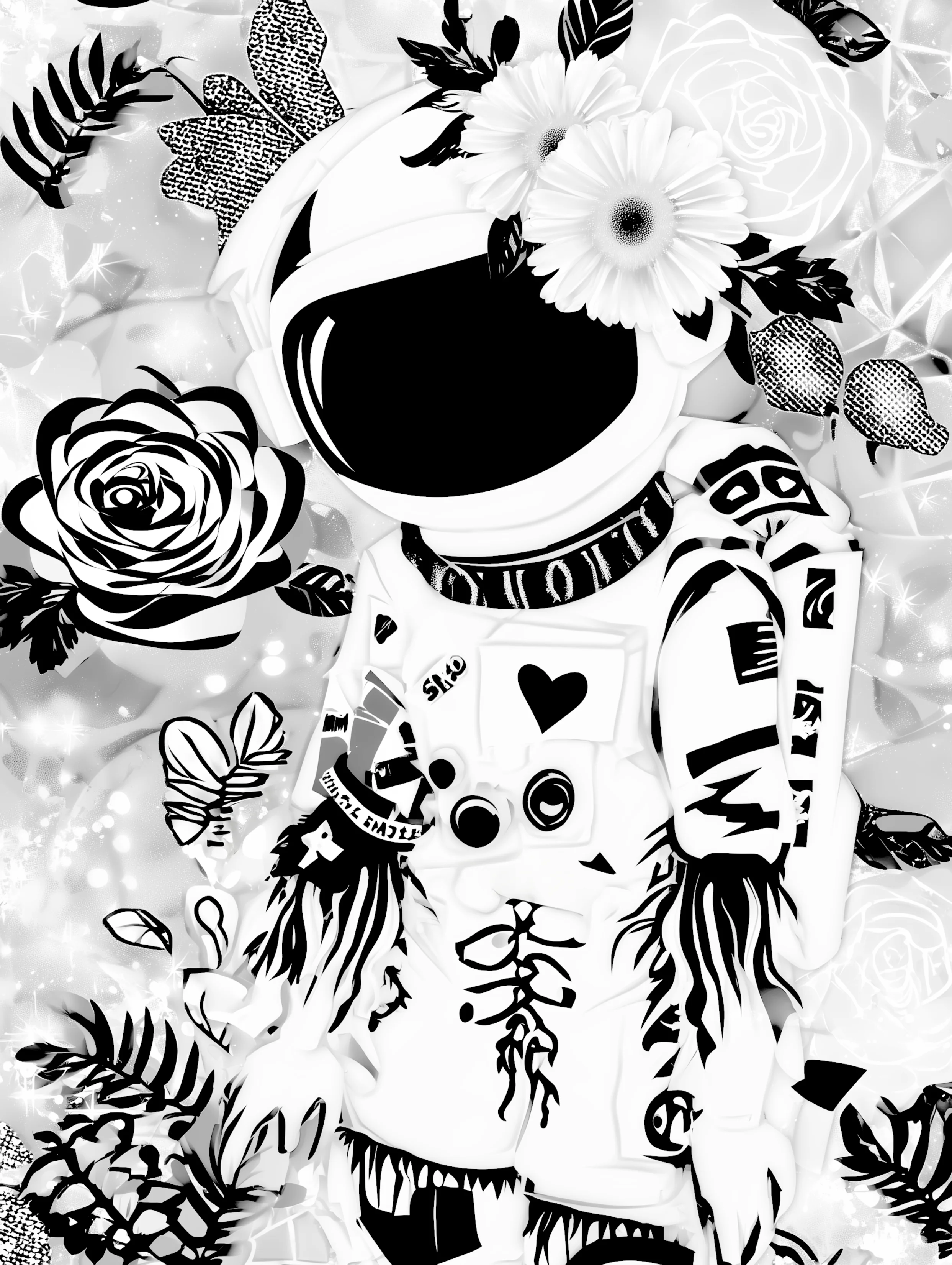 Free printable astronaut coloring pages for adults featuring roses and hidden face astronaut